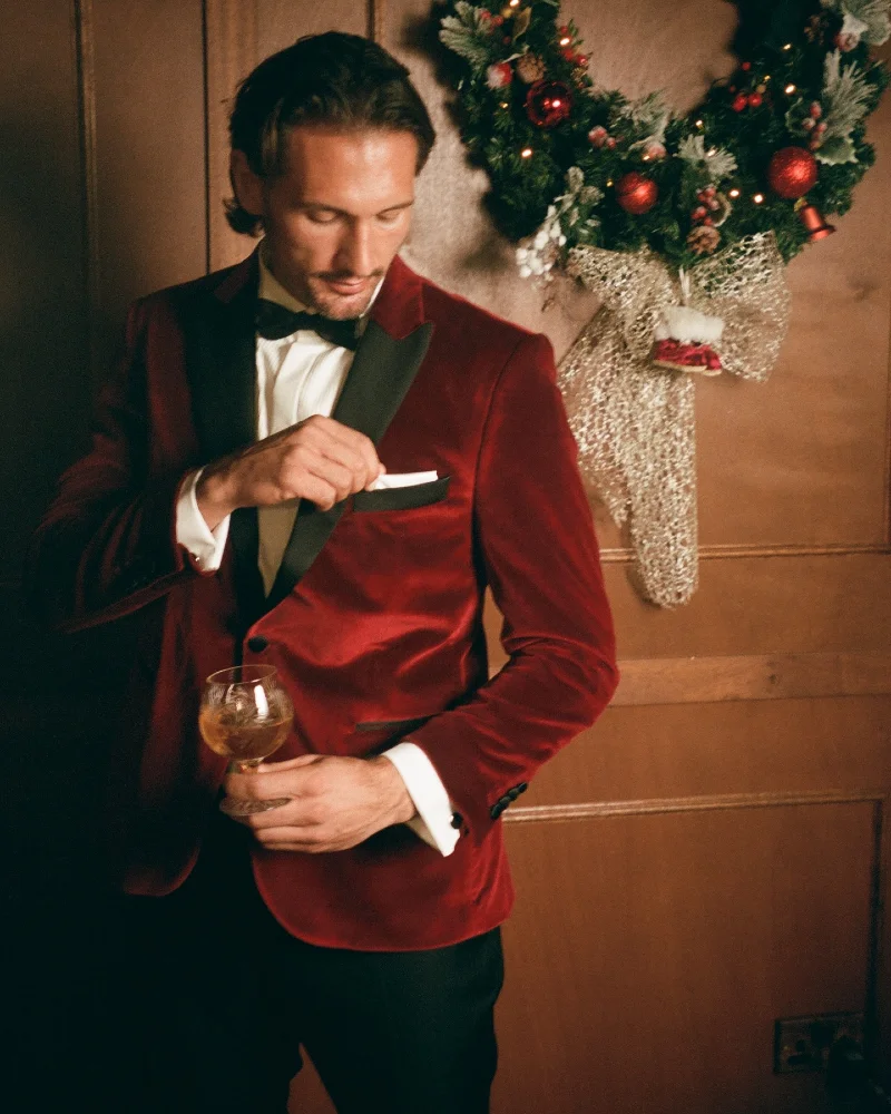 Crimson Velvet Dinner Jacket with Black Peak Lapels