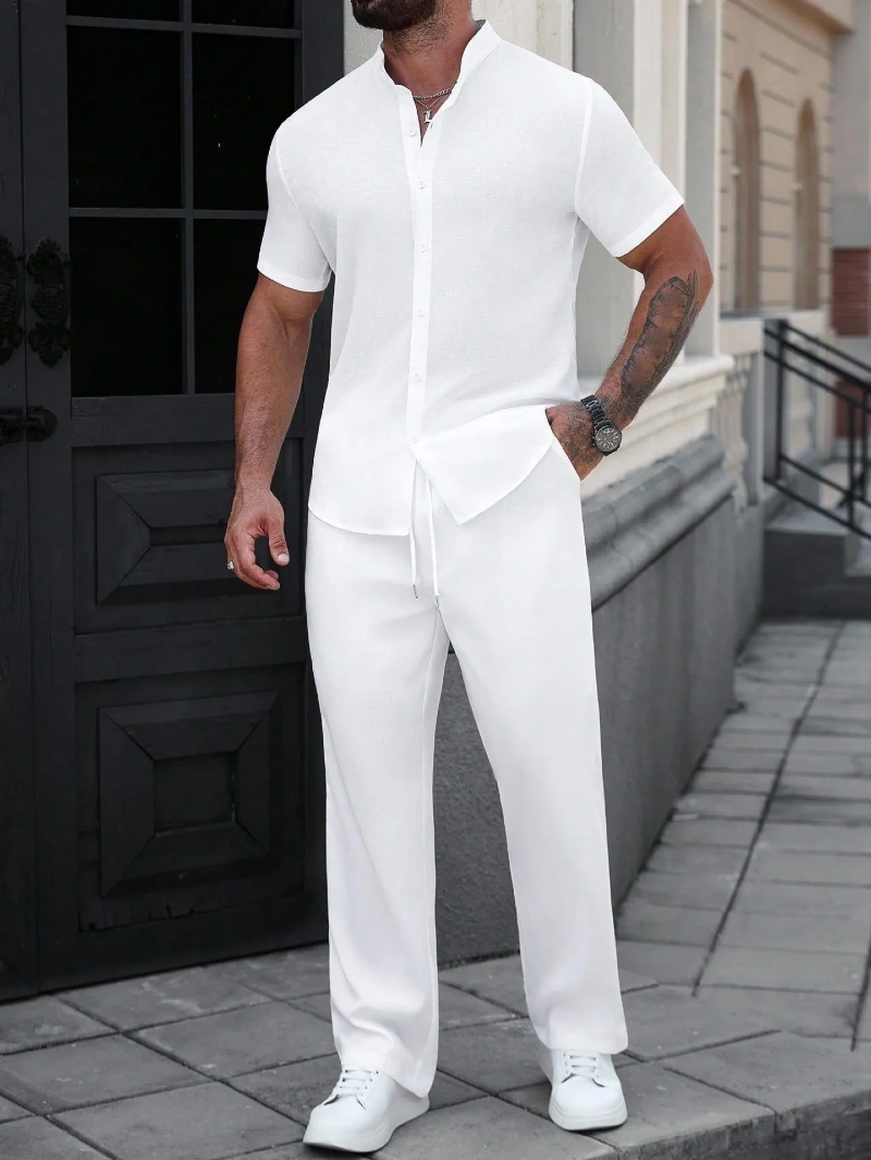 Crisp Band Collar Shirt with Drawstring Trousers and White Sneakers