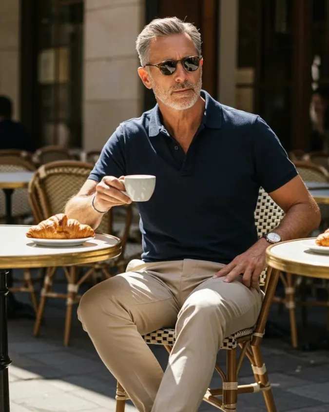 Crisp Navy Polo and Tapered Beige Chinos - Effortless Midday Dressing
