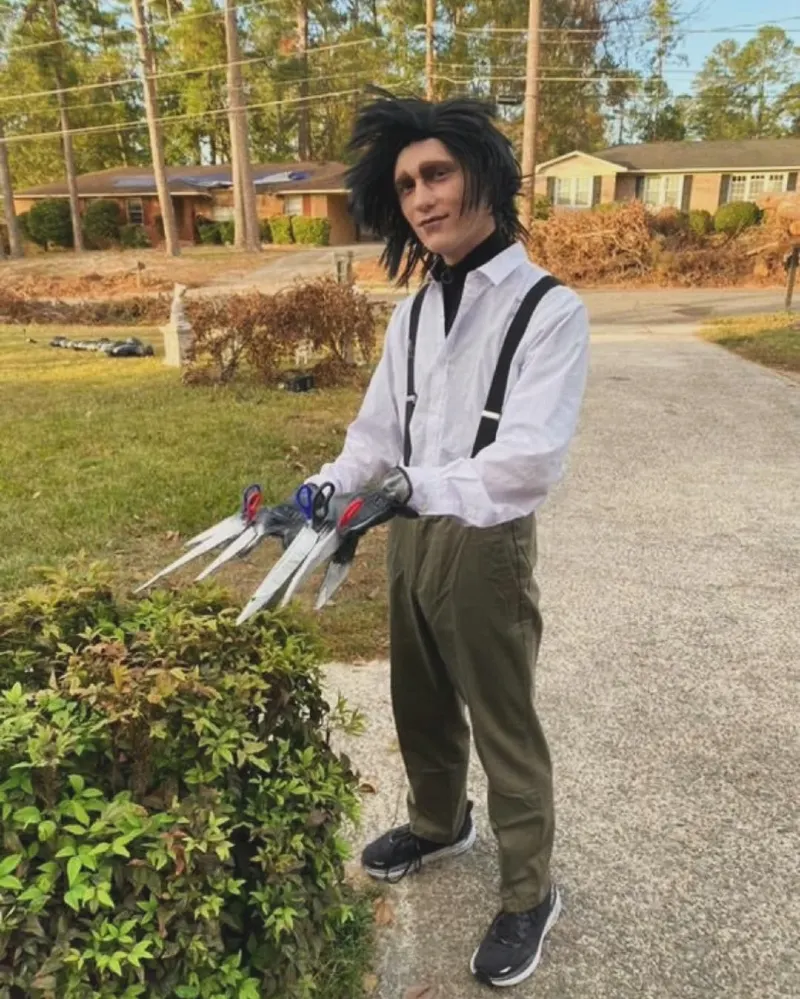 Crisp White Button-Up with Black Suspenders and Scissor Hands