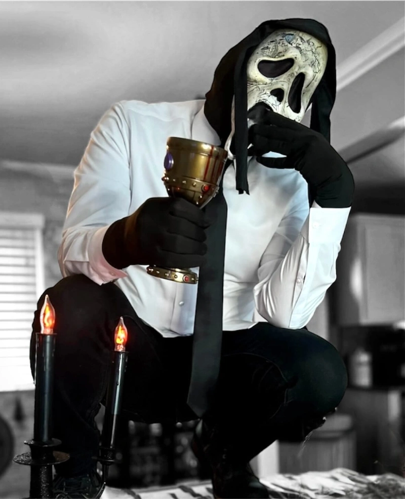 Crisp White Dress Shirt with Skinny Black Tie, Aged Mask, and Chalice