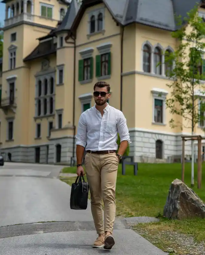 Crisp White Linen and Earth Tones – Mastering Summer Interview Style