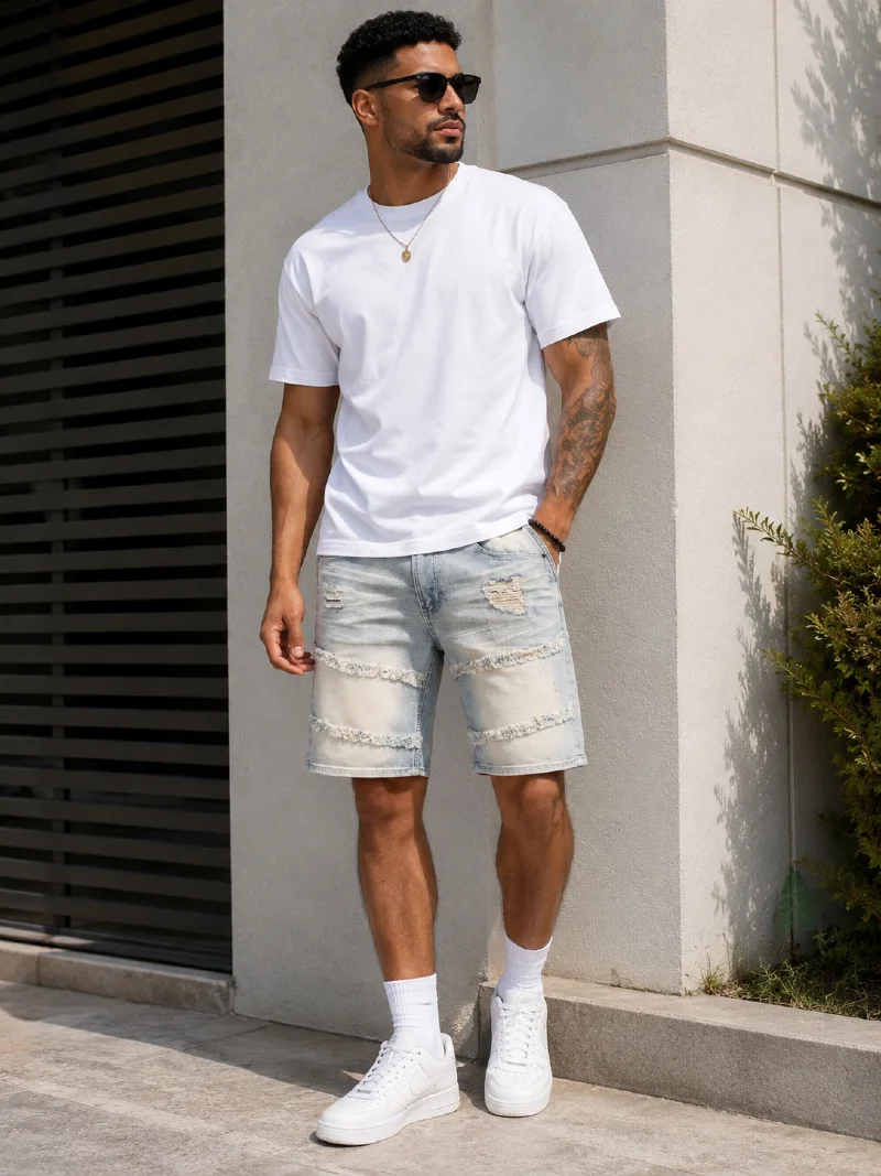 Crisp White T-Shirt with Distressed Patchwork Denim Shorts