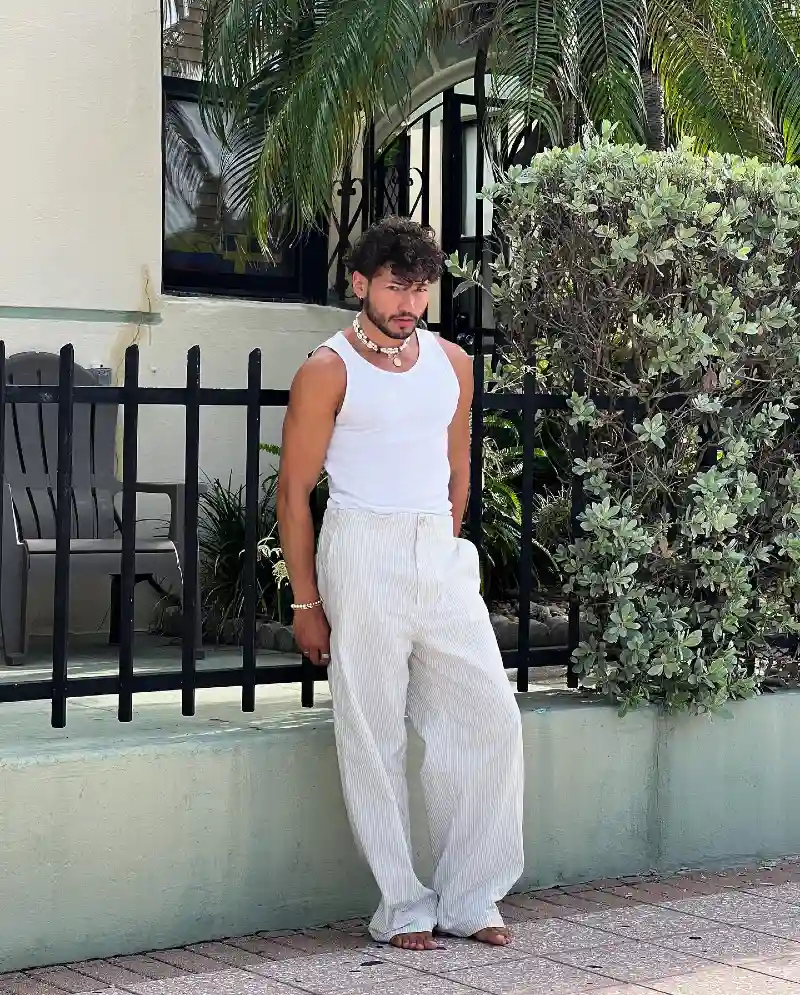 Crisp White Tank & Relaxed Pinstripe Trousers — Elevated Coastal Streetwear for Summer Days