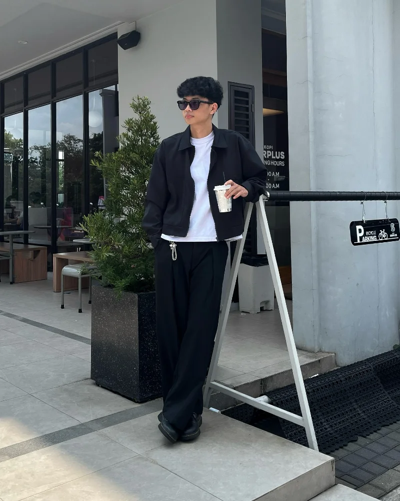 Cropped Black Zip-Up Jacket with Relaxed Black Trousers