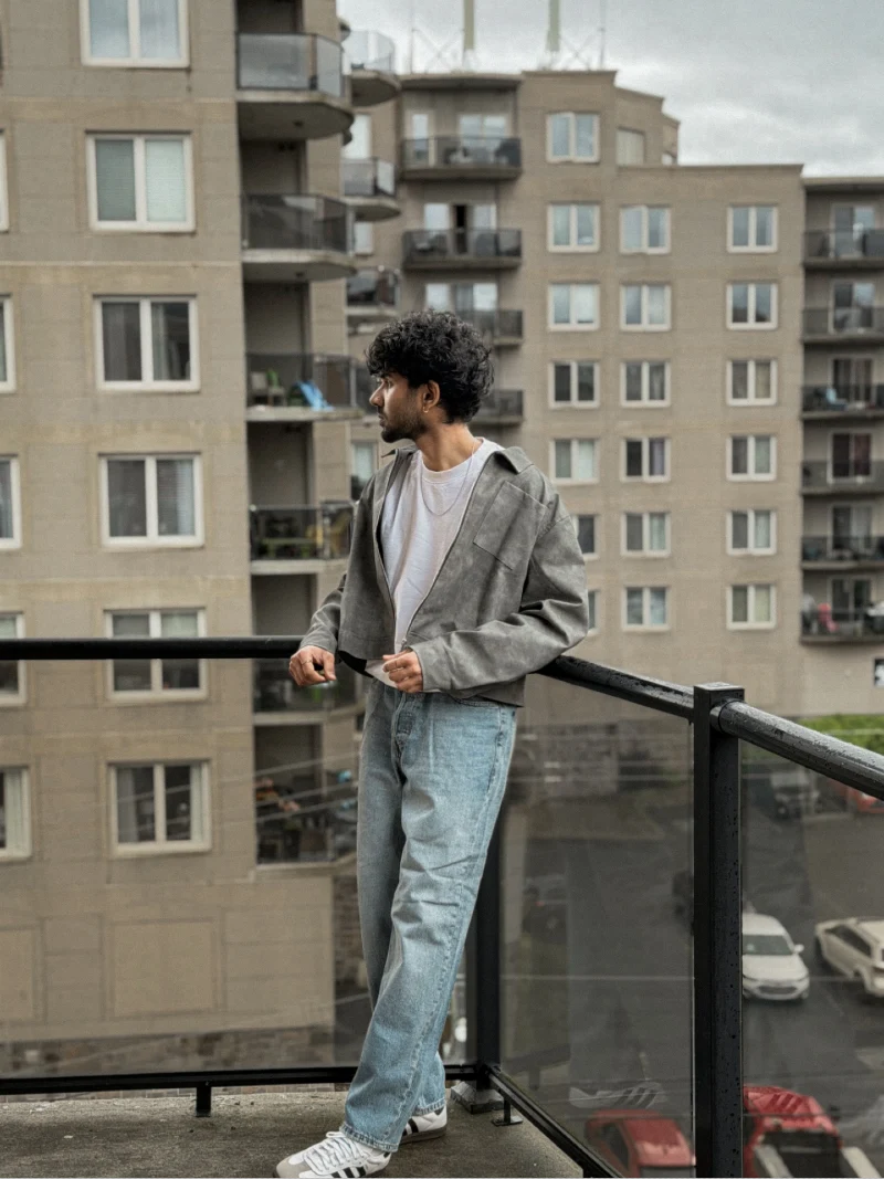 Cropped Grey Jacket with Light Wash Denim
