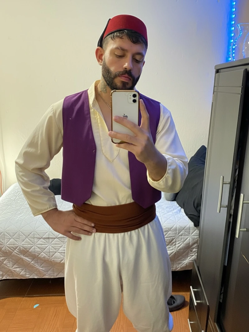 Cropped Purple Vest with Cream Linen Tunic and Billowing White Trousers