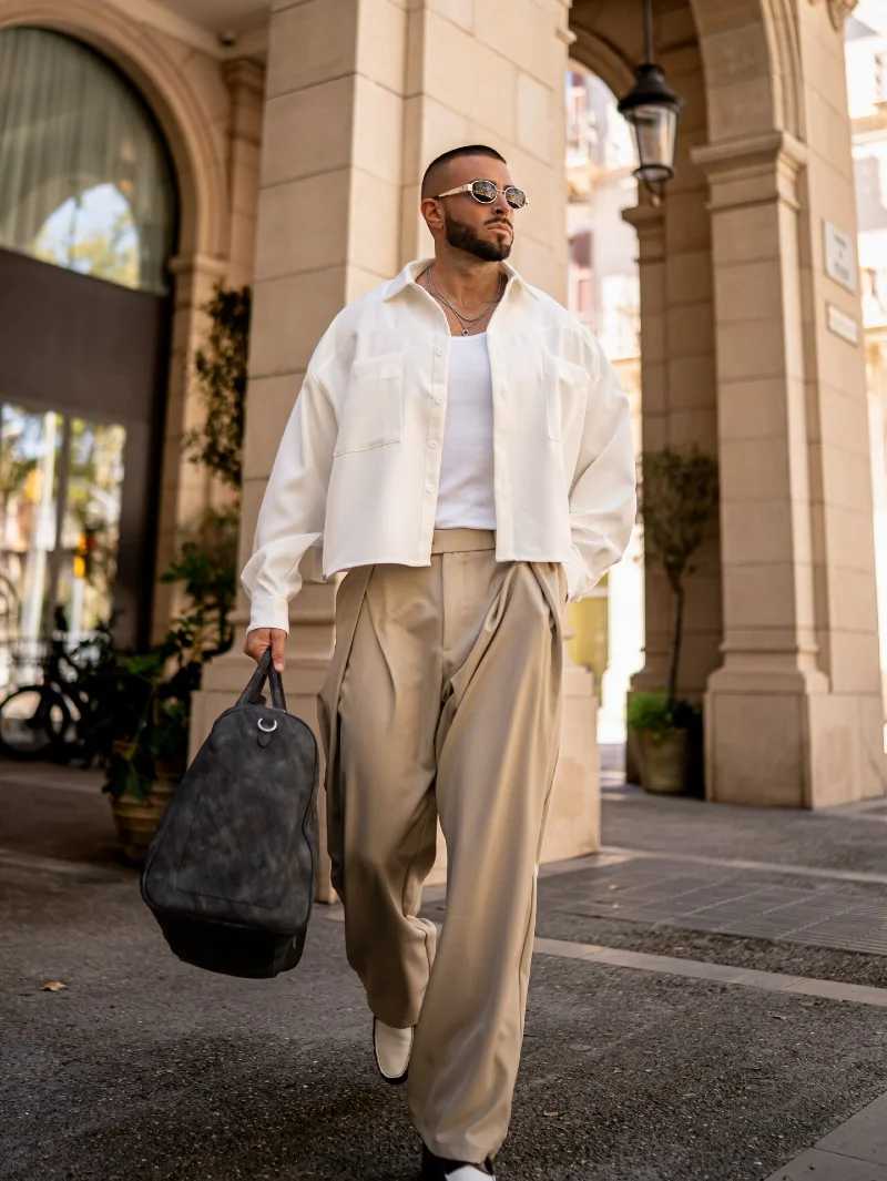 Cropped White Overshirt with Wide-Leg Beige Trousers