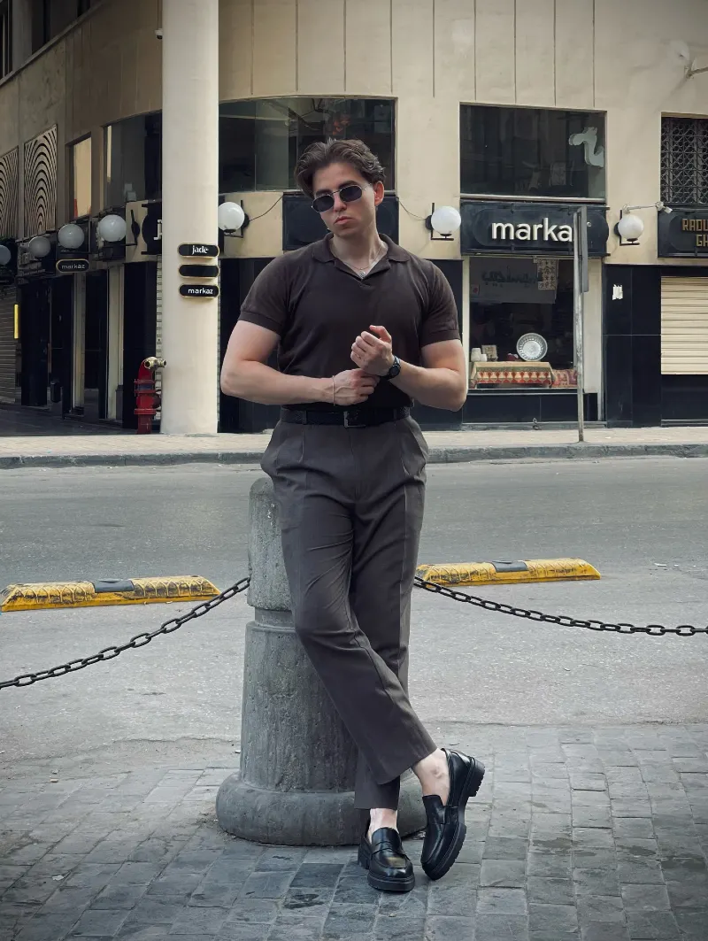 Dark Brown Knit Polo with Charcoal Pleated Trousers and Chunky Loafers