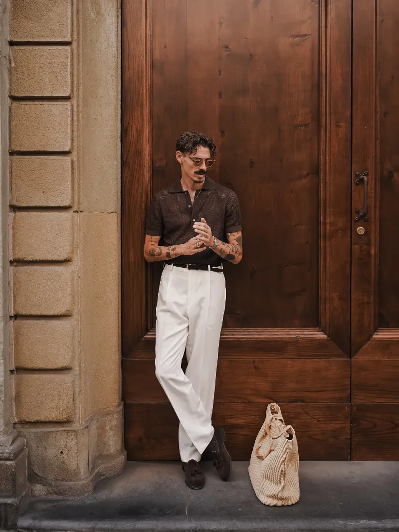 Dark Brown Knit Polo with Tailored White Trousers