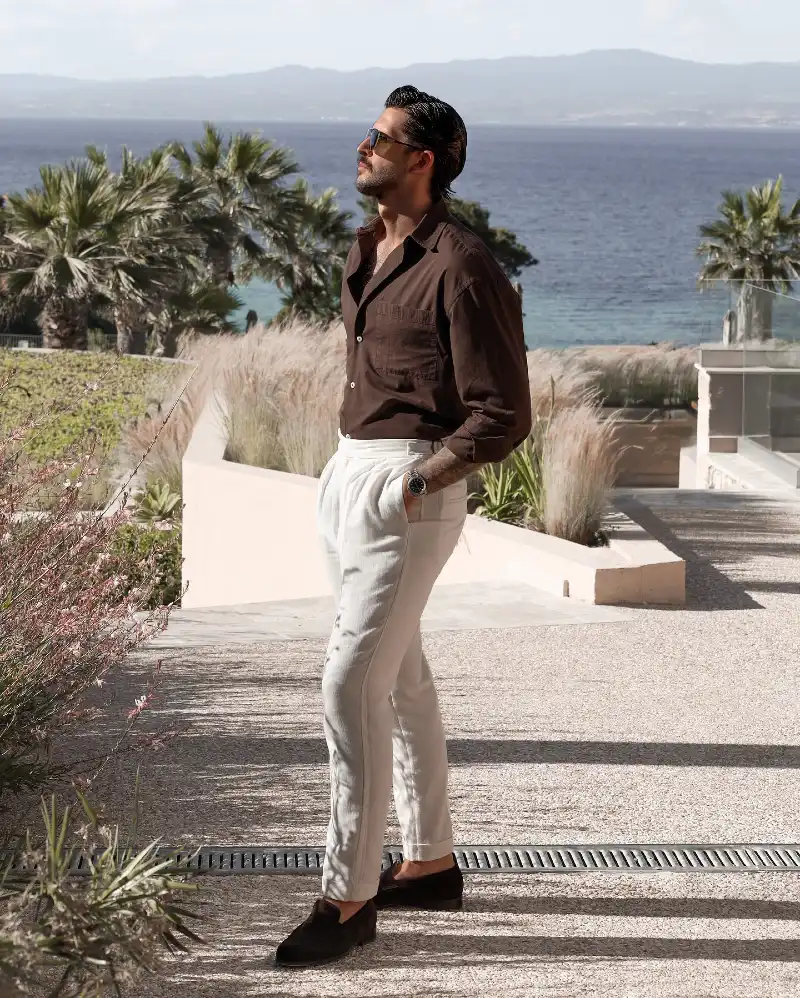 Dark Brown Open-Collar Shirt with High-Waisted White Trousers