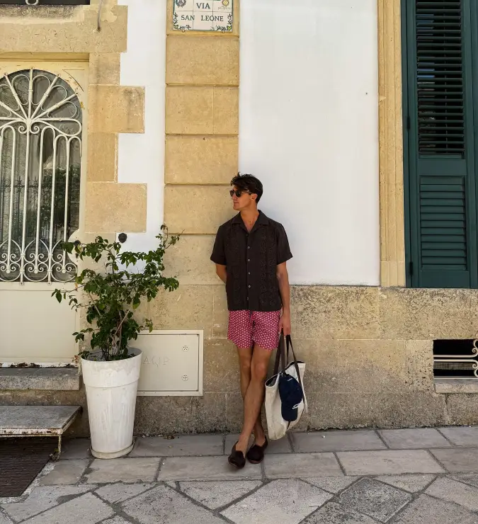 Dark Brown Textured Shirt & Patterned Red Shorts - Smart Travel Essentials