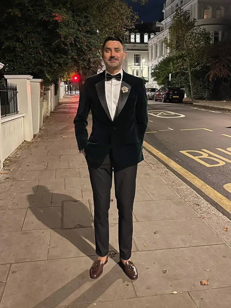 Dark Forest Green Velvet Tuxedo with Lapel Brooch and Brown Tassel Loafers