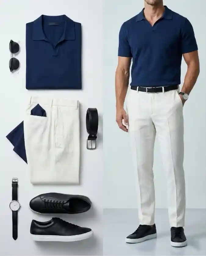 Dark Navy Knitted Polo and Cream Linen Trousers – Commanding the Summer Interview Room