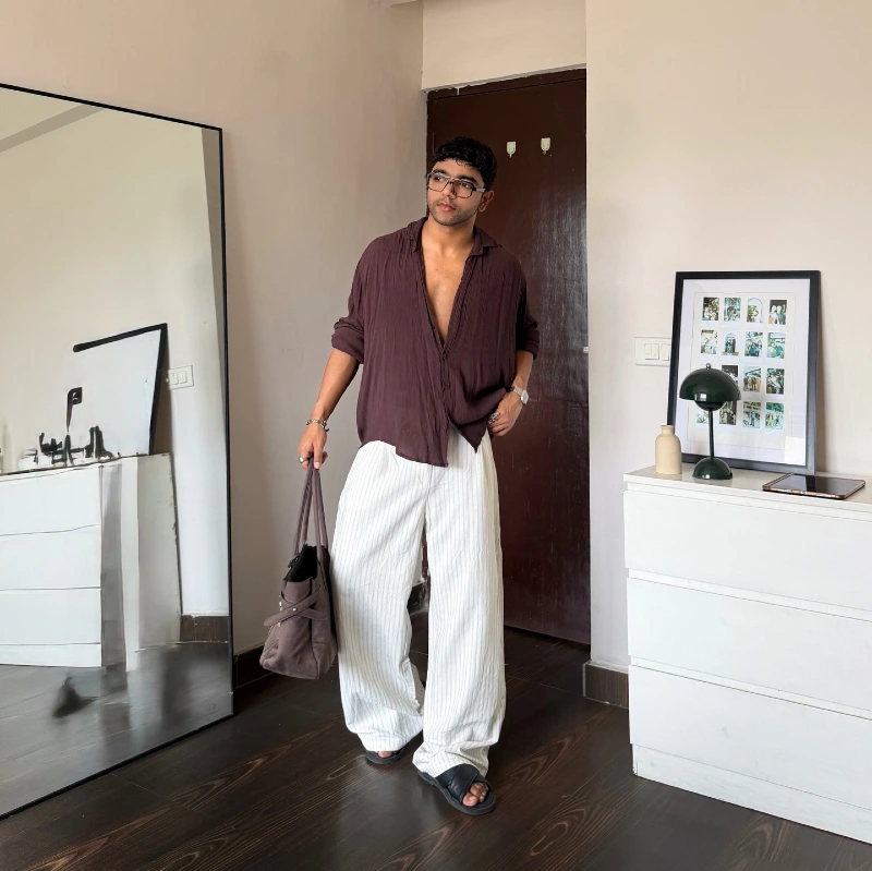 Deep Brown Textured Shirt with Oversized White Pants