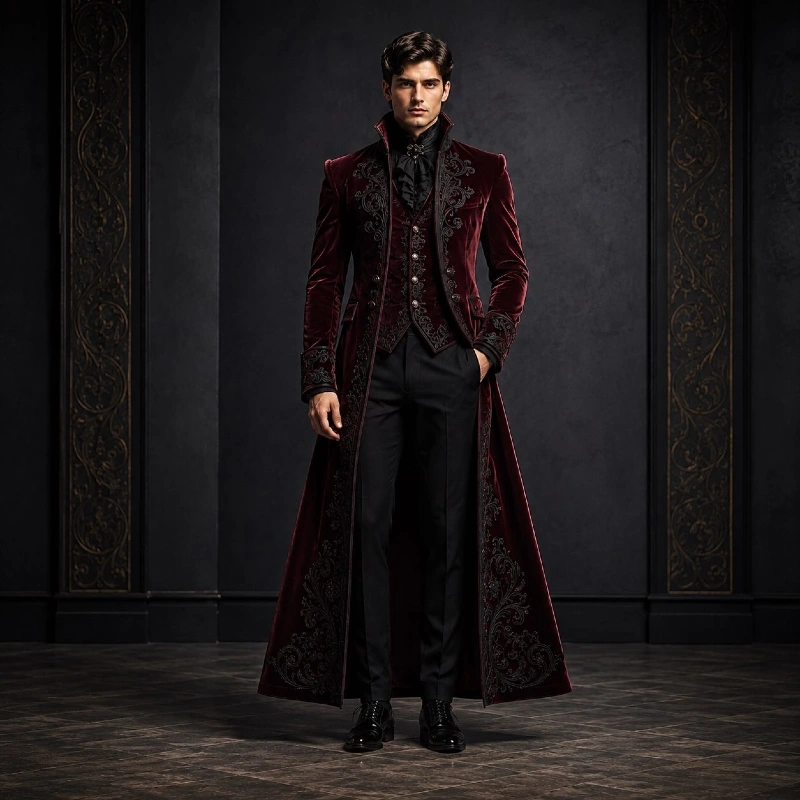 Deep Crimson Velvet Frock Coat with Black Gothic Embroidery and Patent Oxfords