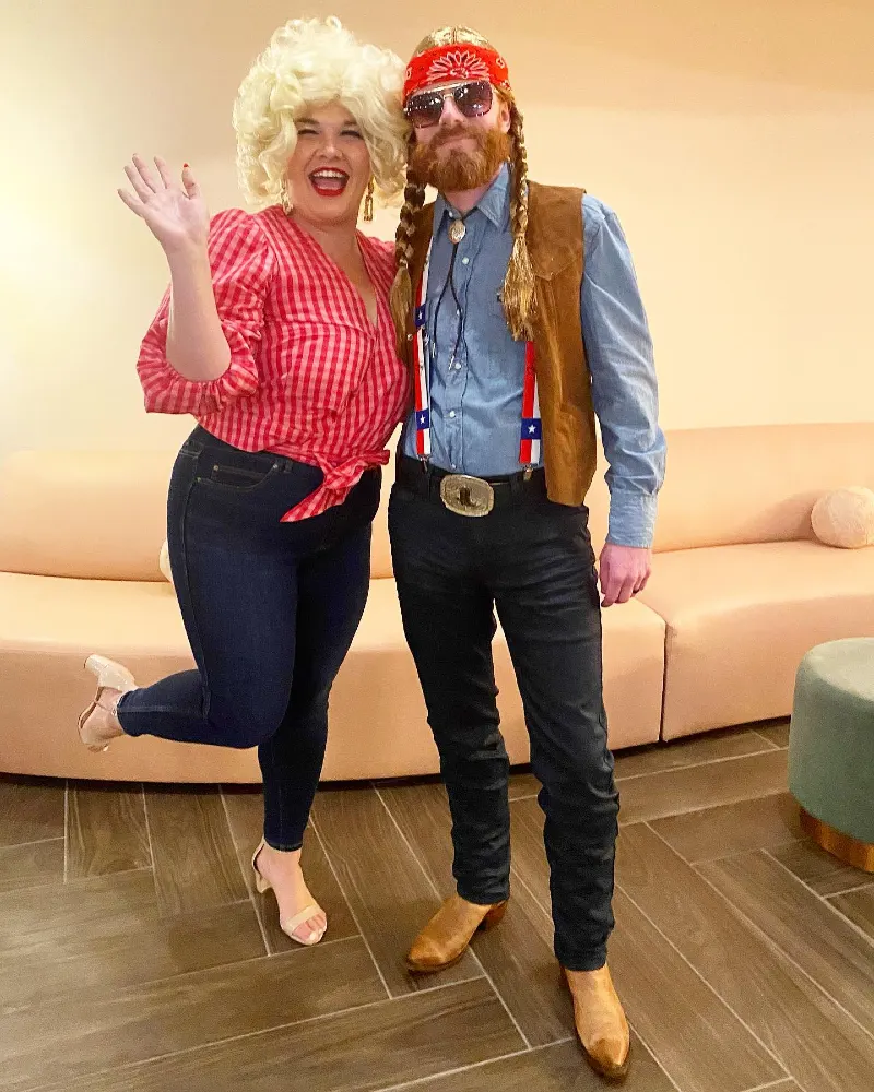Denim Shirt with Suede Vest, Western Belt, and Tan Cowboy Boots