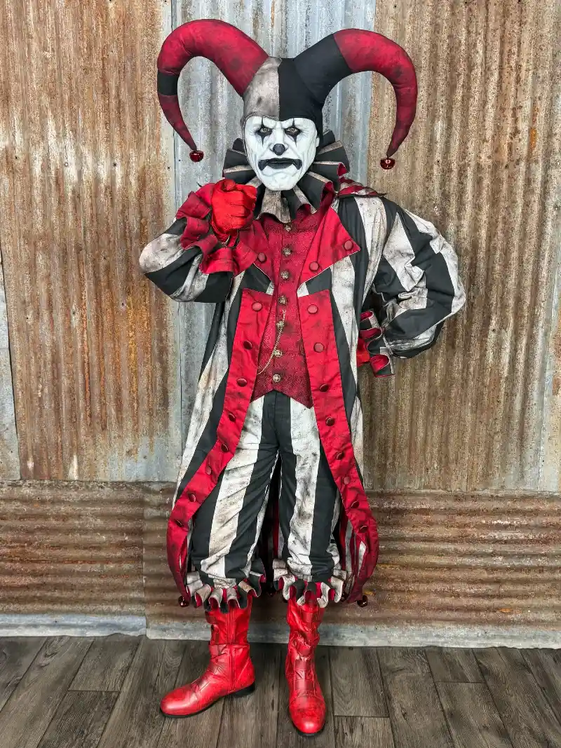 Distressed Striped Harlequin Suit with Crimson Vest and Leather Boots