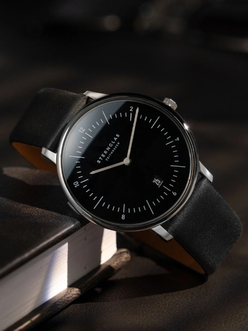 Domed Glass Watch with Matte Black Dial and Black Leather Strap