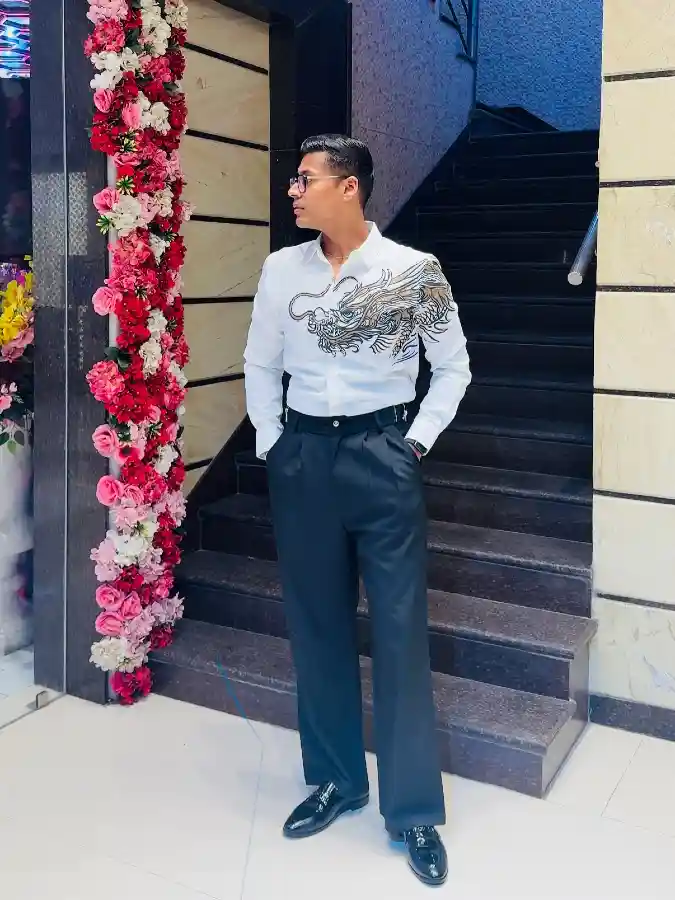 Dragon-Embroidered Crisp White Shirt and Relaxed High-Waist Trousers — Elevated Evening Edge