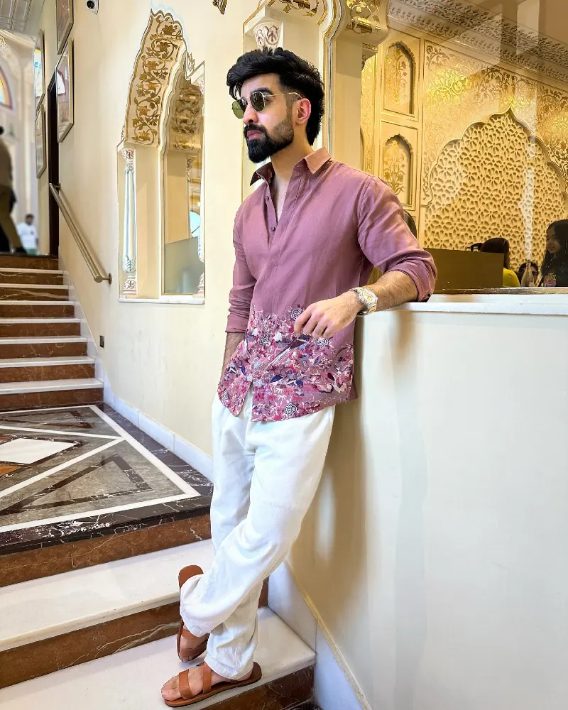 Dusty Mauve Embroidered Shirt with White Linen Trousers