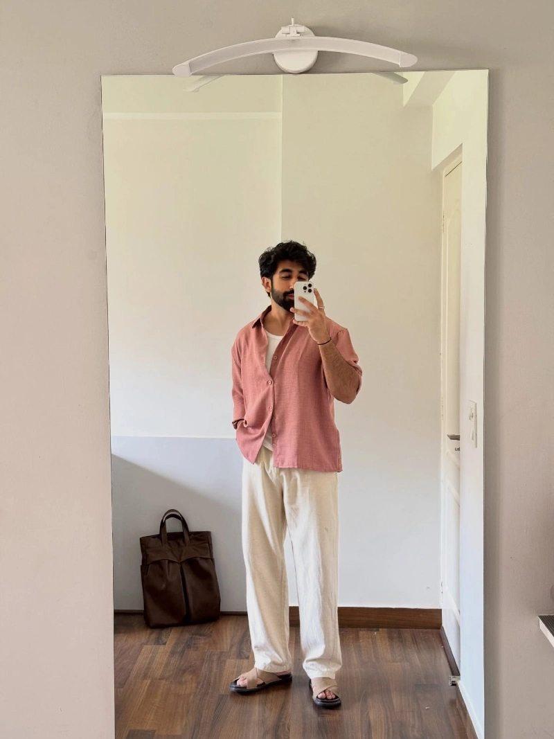 Dusty Pink Short-Sleeve Shirt with Cream Trousers