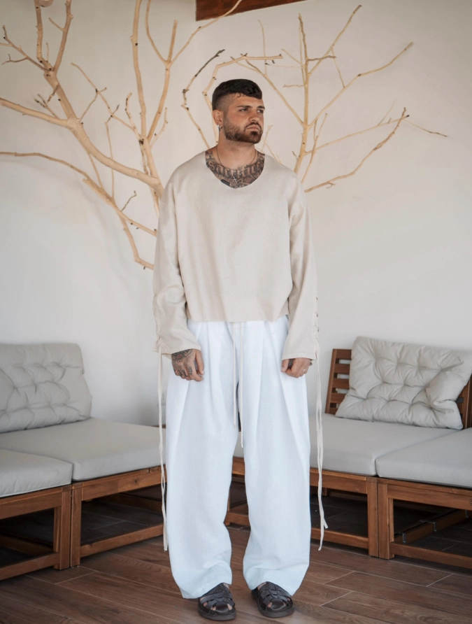 Earthy Beige and White Relaxed-Fit Resort Wear - Defining Boho Summer Outfits for Men That Are Free-Spirited and Genuinely Cool