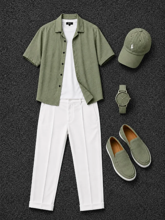 Earthy Green & White Smart-Casual - Polished Simplicity for a First Impression