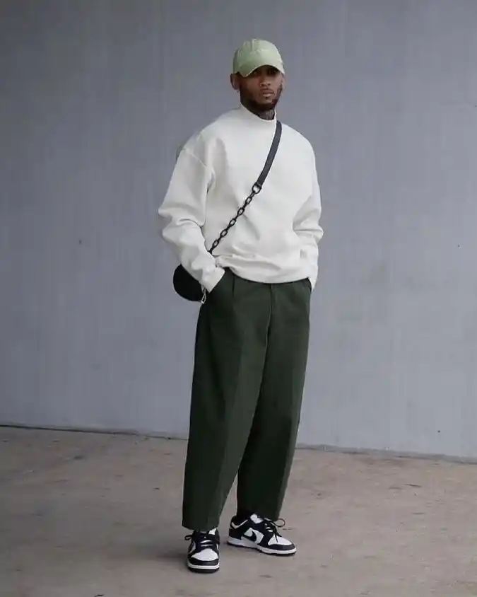 Earthy Green and Cream Minimalist Streetwear - Elevating Proportions for Tall Frames