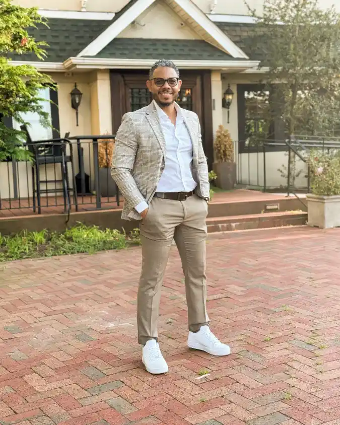 Earthy Plaid Blazer & Chinos – Modern Wedding Guest Versatility