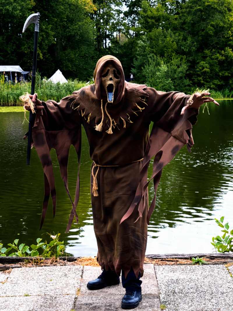 Earthy Scarecrow Ghost Robe with Rope Belting and Distressed Cowl