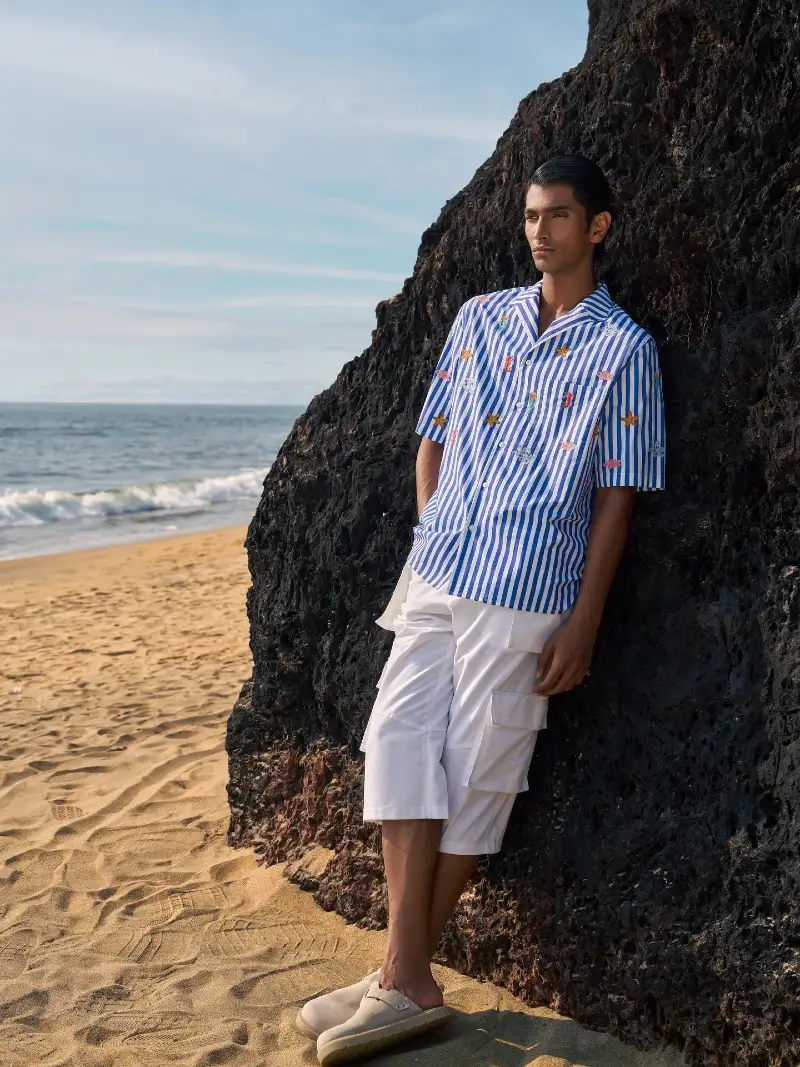 Embroidered Striped Camp Shirt with White Cargo Shorts