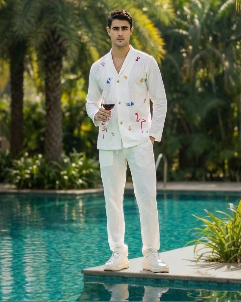 Embroidered White Linen Shawl Collar Shirt and Matching Trousers
