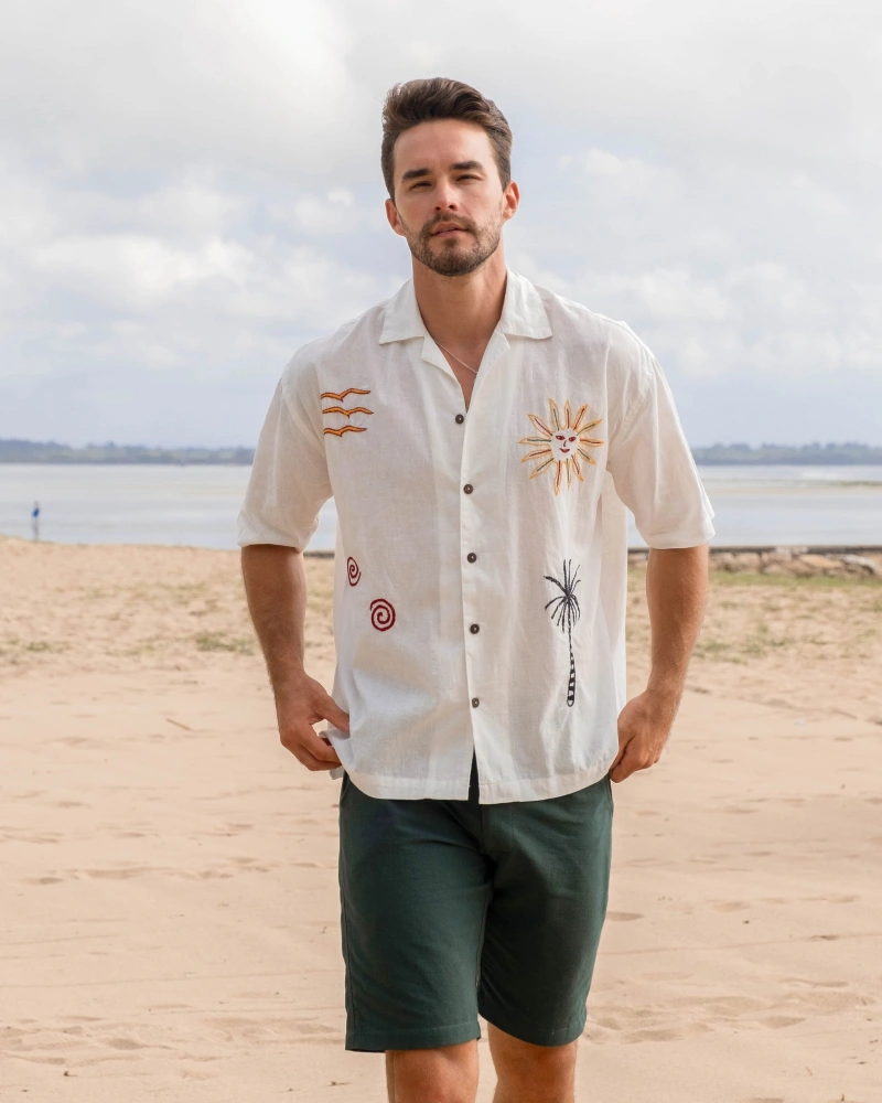 Embroidered White Linen Shirt with Olive Shorts