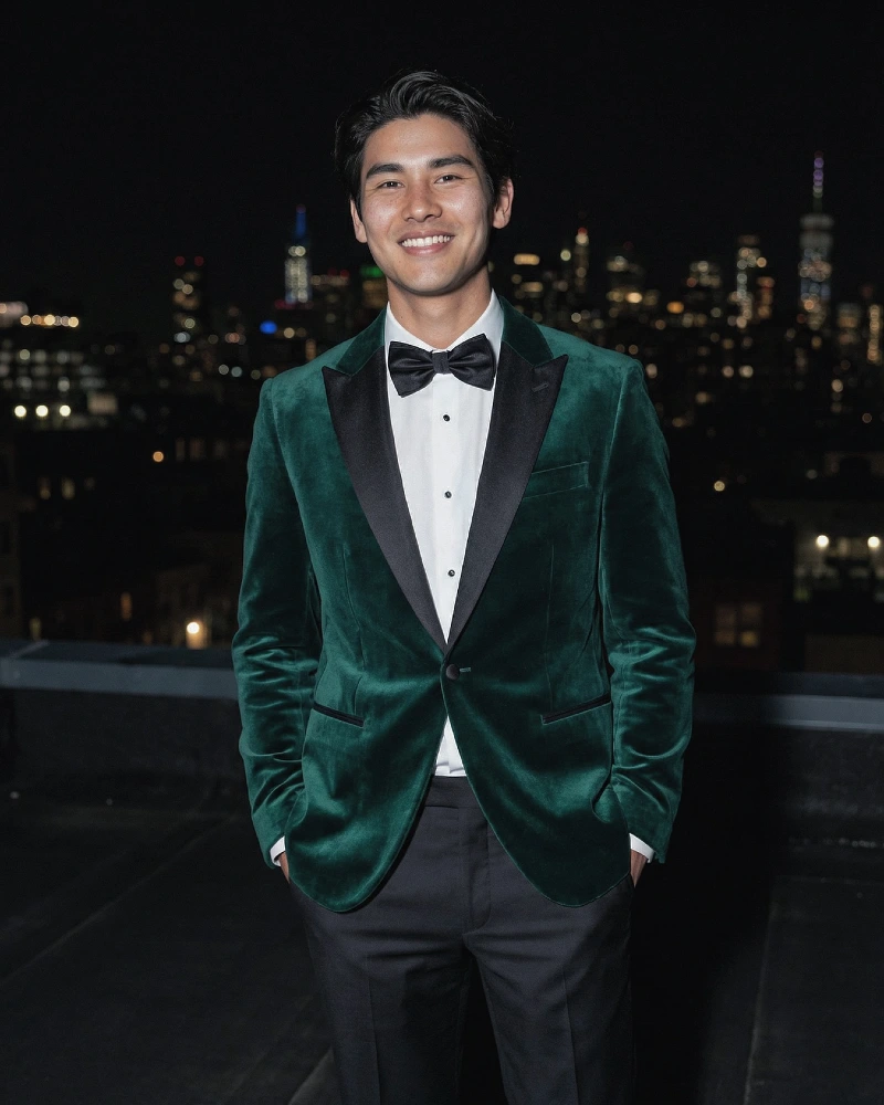 Emerald Velvet Dinner Jacket with Black Satin Peak Lapels and Tuxedo Trousers