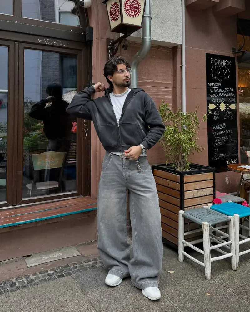 Extremely Wide Grey Denim with Cropped Charcoal Hoodie and White Sneakers