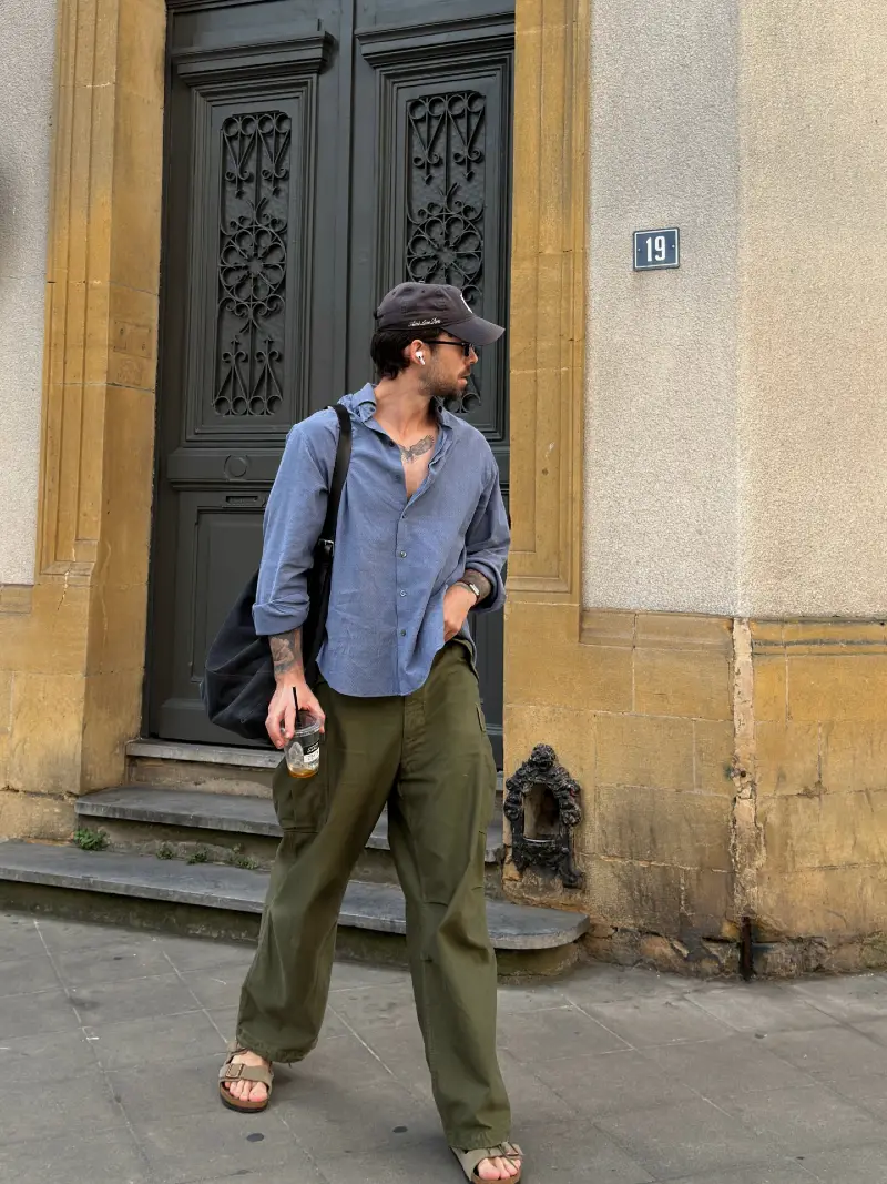 Faded Blue Button-Down with Olive Green Cargo Pants