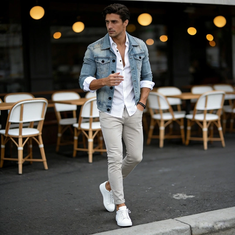 Faded Denim Jacket over White Button-Down and Slim Grey Chinos