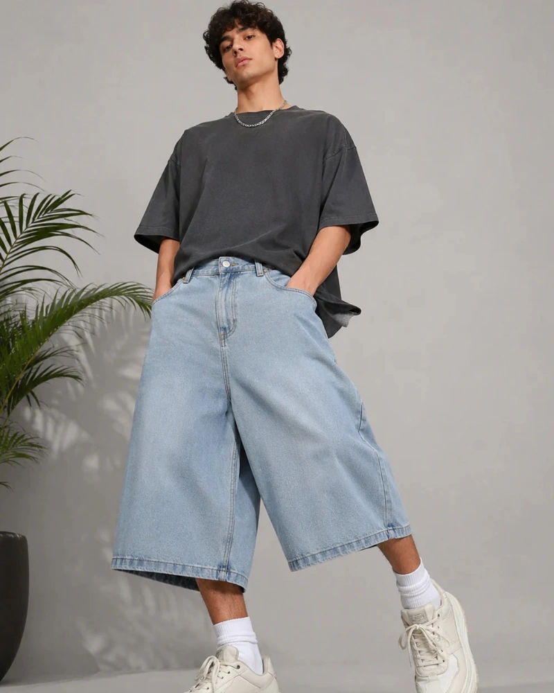 Faded Grey Tee with Ultra-Wide Light Wash Denim Shorts