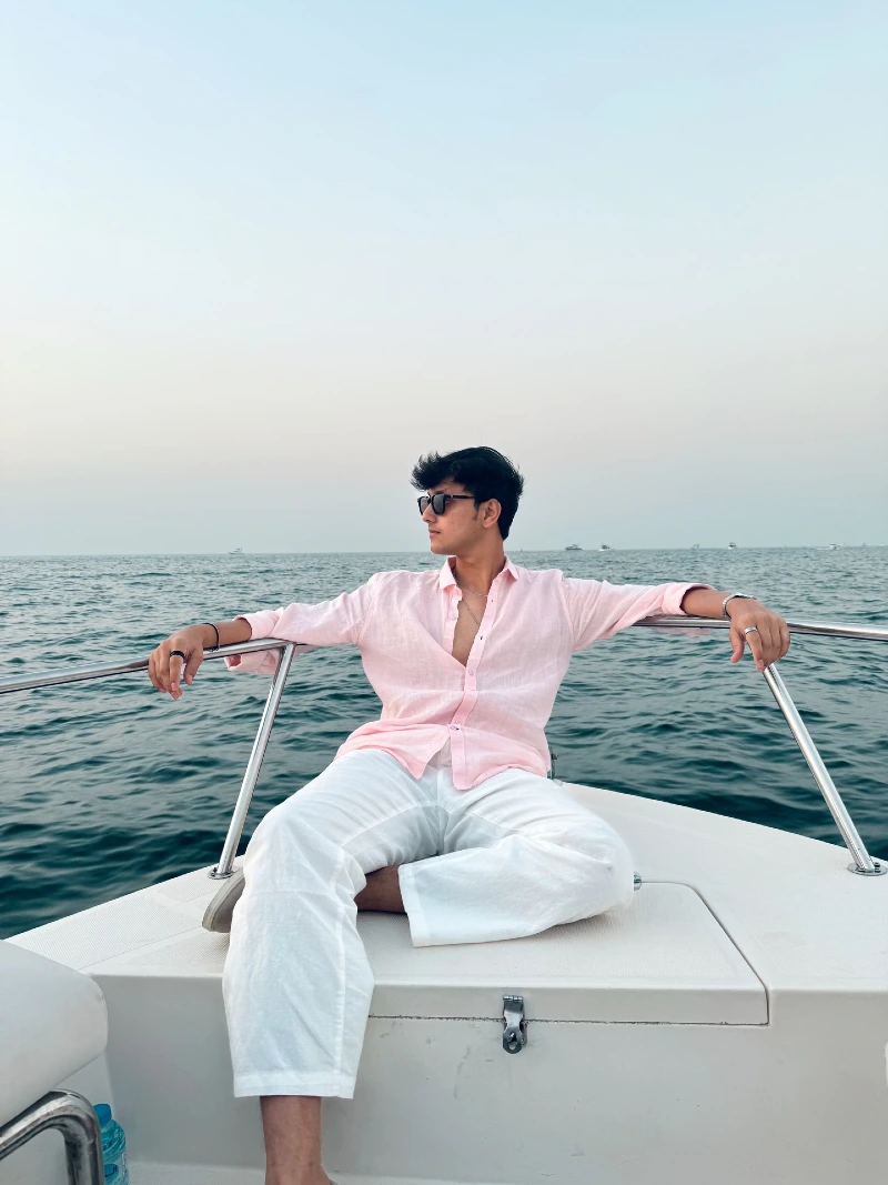 Faded Pink Linen Shirt with Loose White Trousers