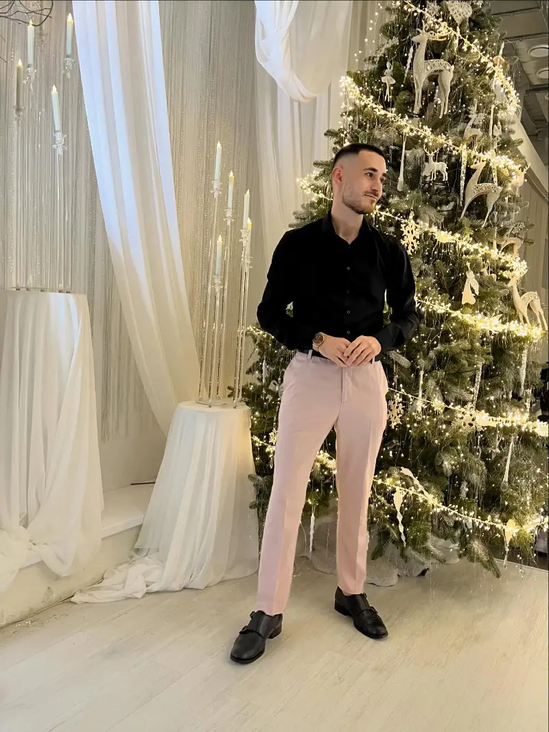 Fitted Black Button-Down with Dusty Pink Tailored Trousers and Monk Straps