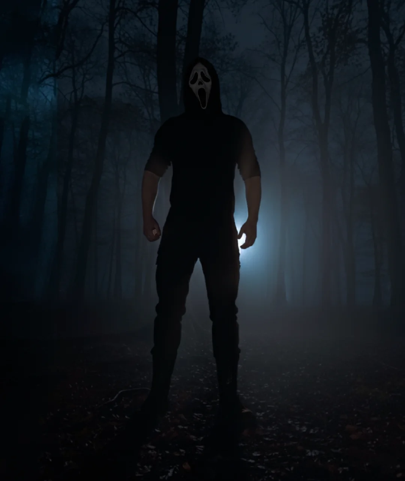 Fitted Black Tactical Tee with Slim Cargo Pants and Ghostface Mask