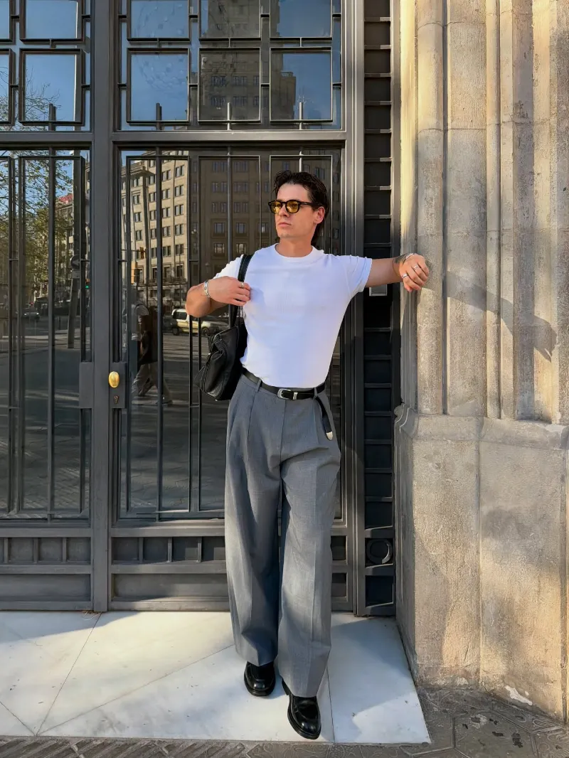 Fitted White T-Shirt with Wide-Leg Grey Trousers and Black Boots