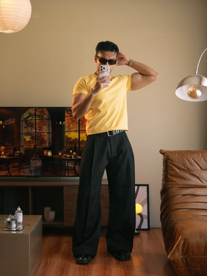 Fitted Yellow T-Shirt with High-Waisted Black Trousers