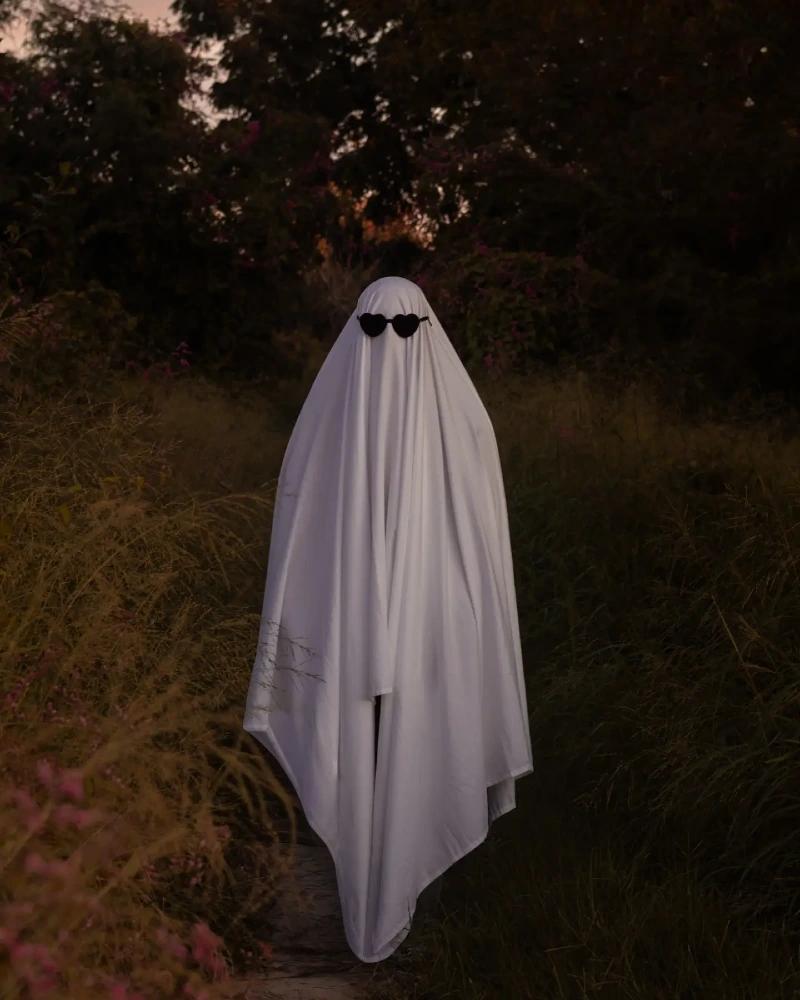 . Floor-Length Crisp White Sheet Shroud with Black Heart Sunglasses