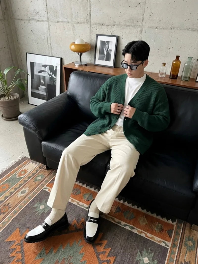 Forest Green Cardigan with Cream Trousers and Two-Tone Loafers