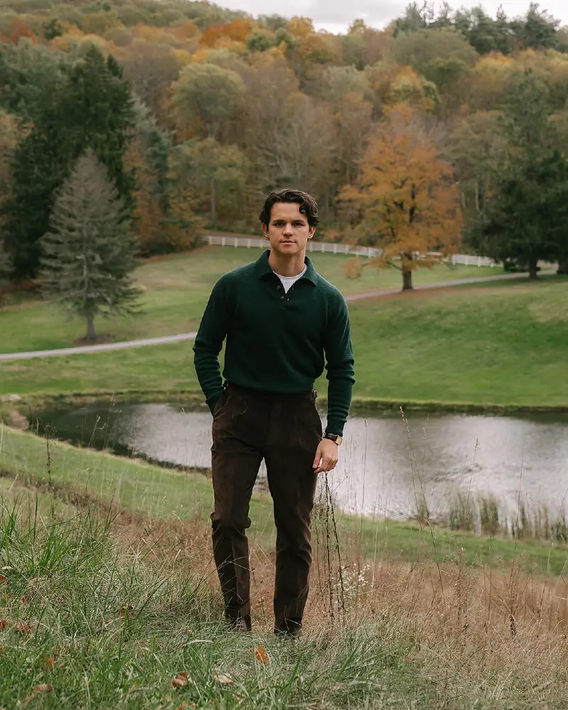 Forest Green Knit Polo with Brown Corduroy Trousers