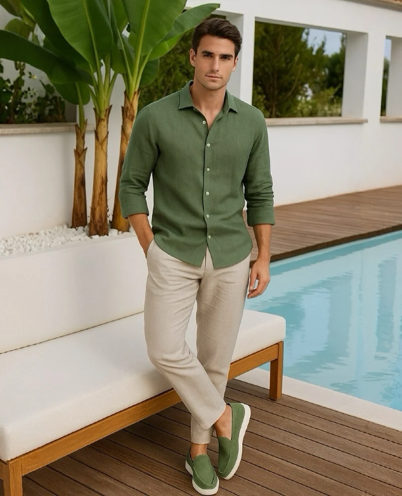Forest Green Linen Shirt with Beige Trousers and Matching Loafers