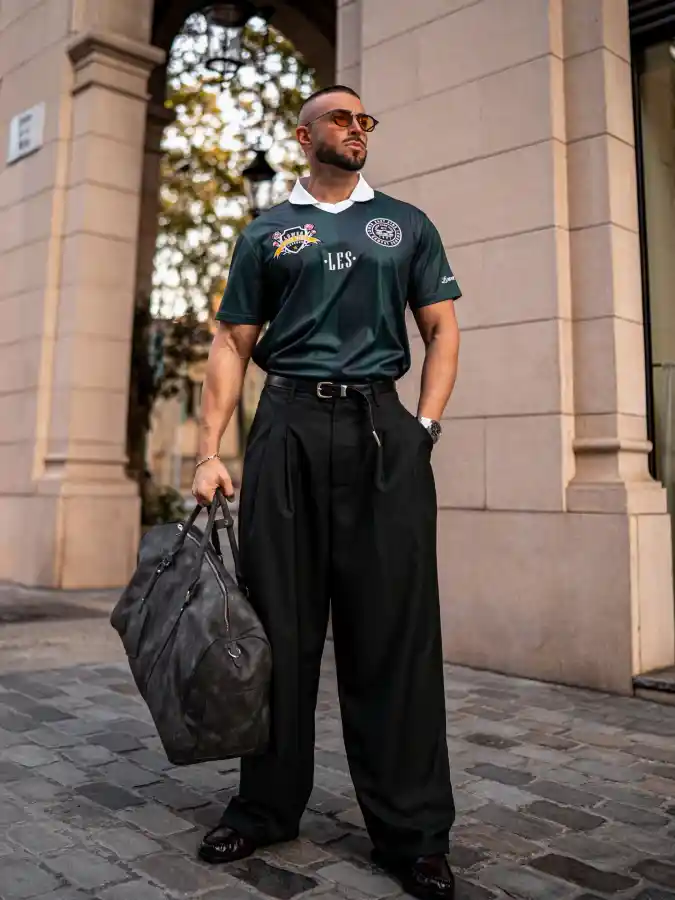 Forest Green Relaxed Polo & Wide-Leg Trousers - Elevating the Dad Bod Silhouette