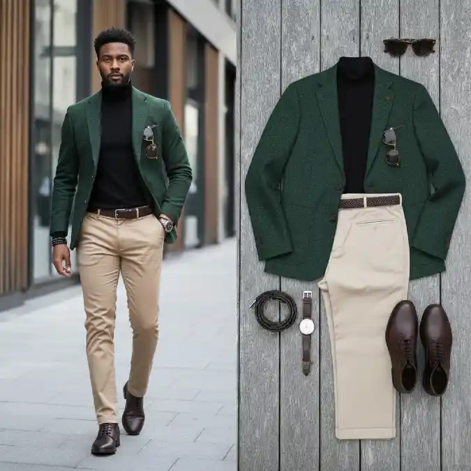 Forest Green Textured Blazer & Sand Chinos - Elevating the Hybrid Workday